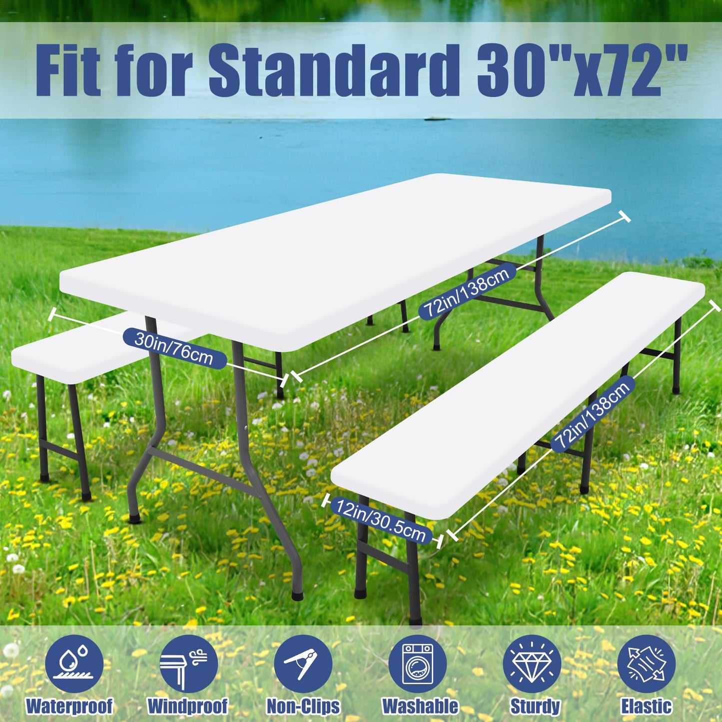 Moosfor Picnic Table Cover with Bench Covers, Elastic Fitted Spandex Tablecloths for 6 Foot Rectangle Tables, Stretch Washable Patio Tablecloth for Outdoor, Camping (White, 30"x72")