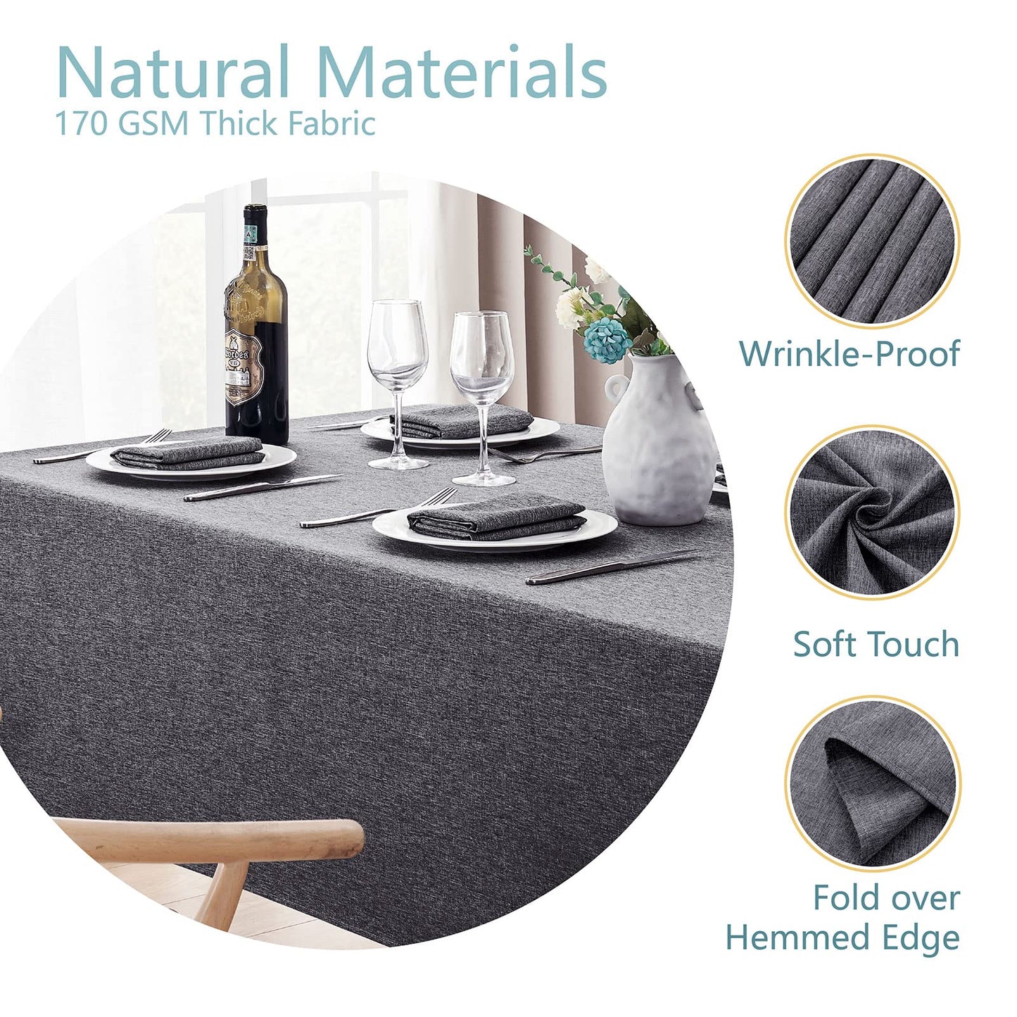Veblandy Rectangle Tablecloth Linen Textured Waterproof & Stain Resistant Table Cloth Wrinkle Free Decorative Fabric Farmhouse Table Cover for Dining/Party/Buffet/Wedding, 60 x 144 Inch, Dark Grey