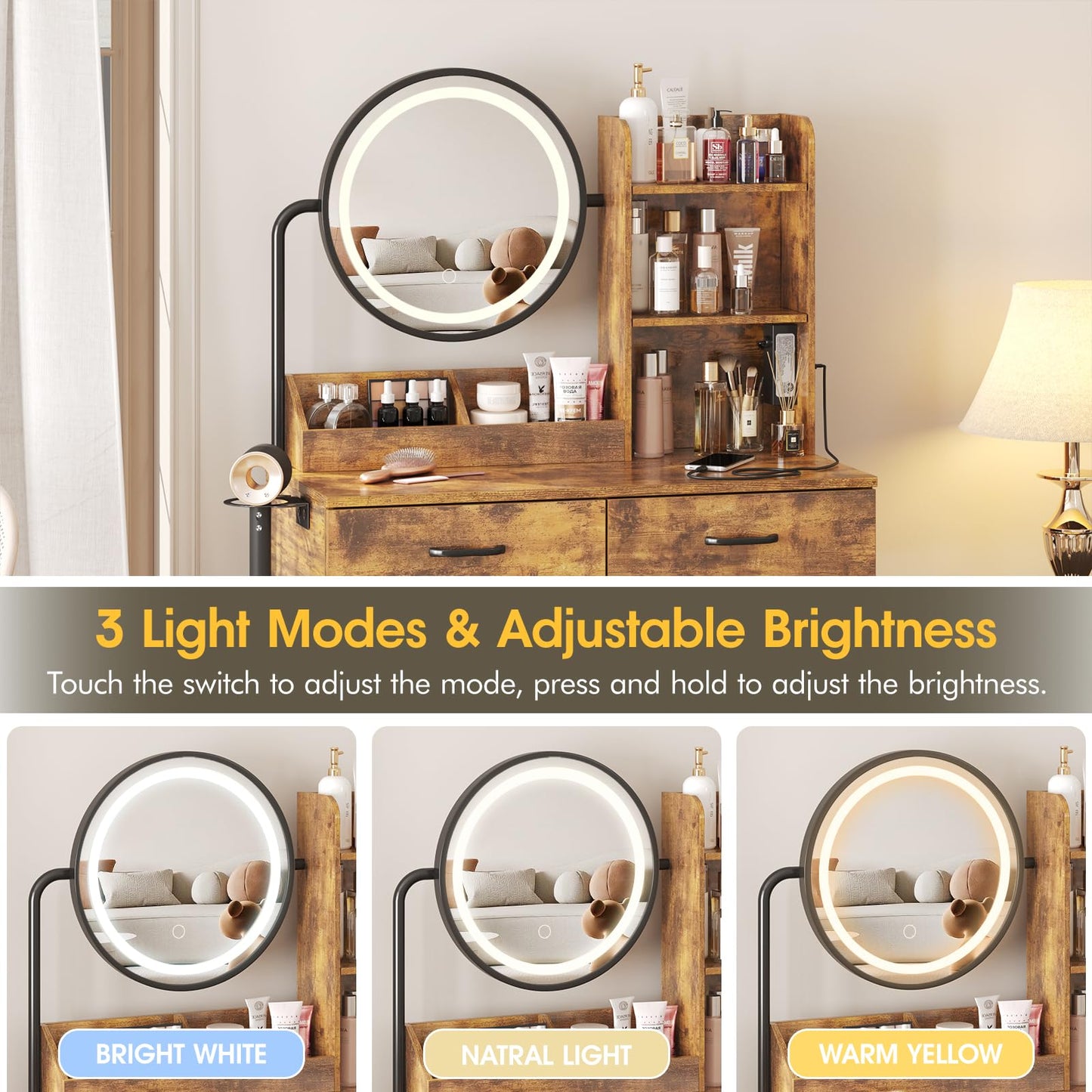 Makeup Vanity Desk with Round Mirror and Lights, White Vanity Makeup Table, Small Vanity Table for Bedroom with Lots Storage, 3 Lighting Modes, 31.5in(L)