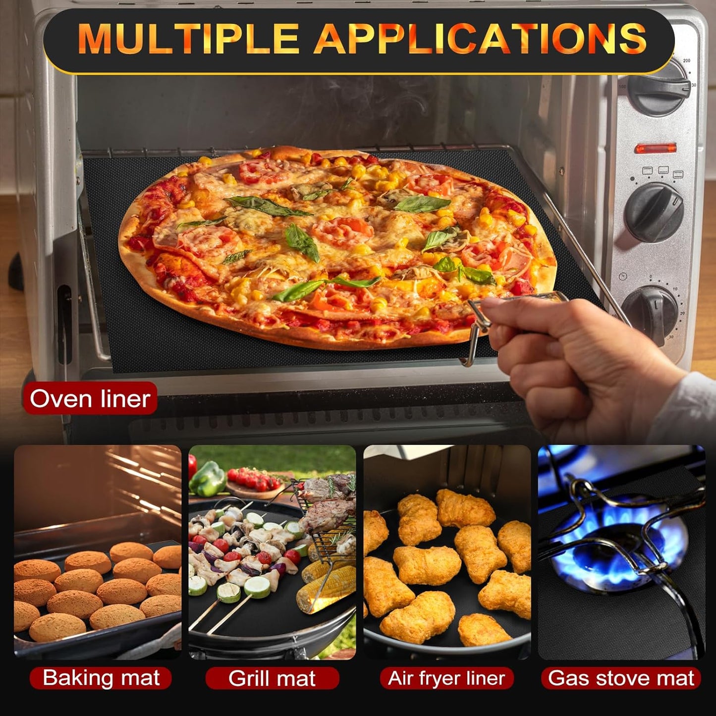 Large Oven Liners by Skiennix - Heavy Duty Non-Stick Mat | Reusable & Heat Resistant, 17"x75", BPA/PFOA Free (Black)