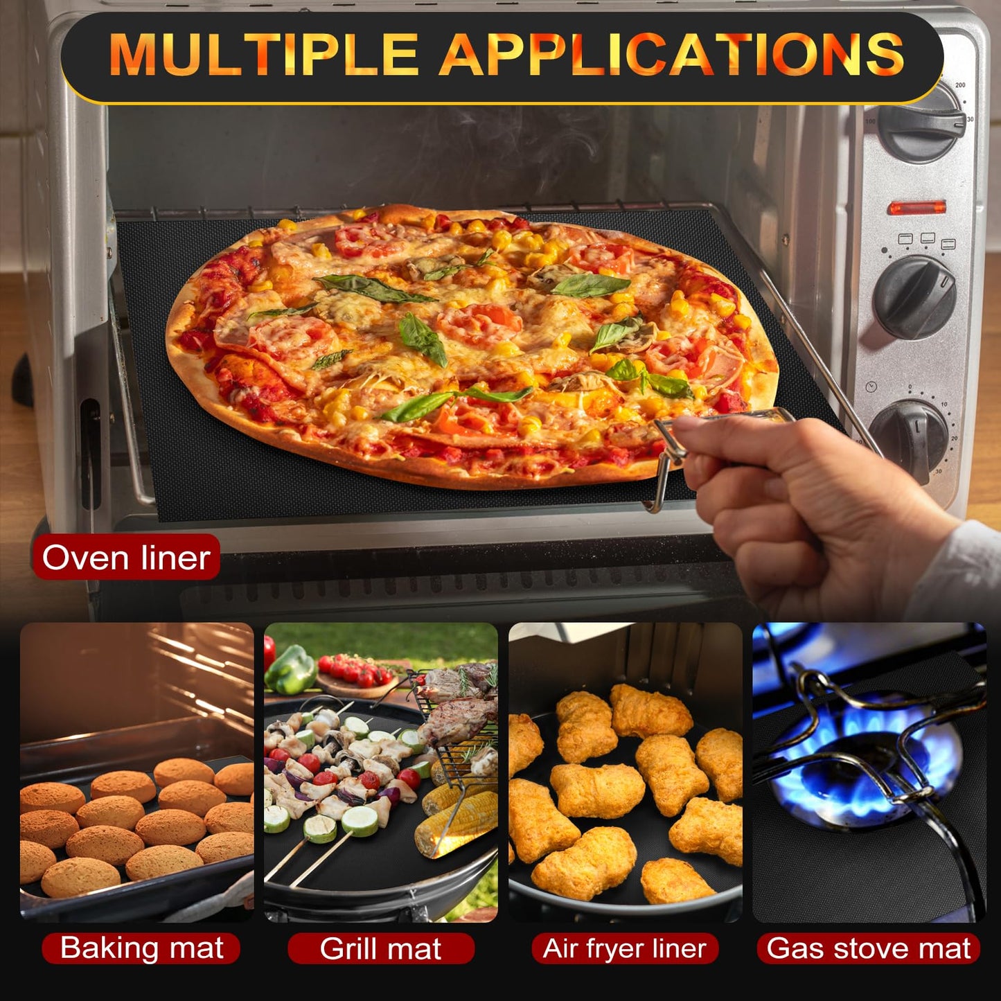 2 Pack Oven Liners for Bottom of Oven, 17"x25" Heavy Duty Non-Stick Oven Liner Mat, Reusable Heat Resistant Grill & Baking Mat, BPA/PFOA Free Roaster Liners, Fits Electric, Gas, Toaster Ovens (Black)