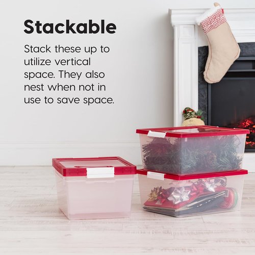 IRIS USA 12 Qt. Plastic Storage Bins - Stackable Craft Organizers with Lids | Clear/Red, 4 Pack