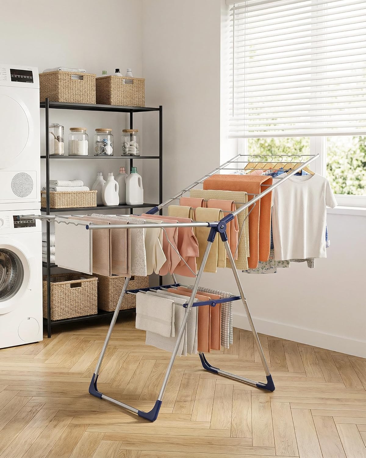 Sakugi Clothes Drying Rack - Height-Adjustable Metal Laundry Dryer Stand for Indoor & Outdoor Use | 55.5" L × 22.8" W, Silver Blue
