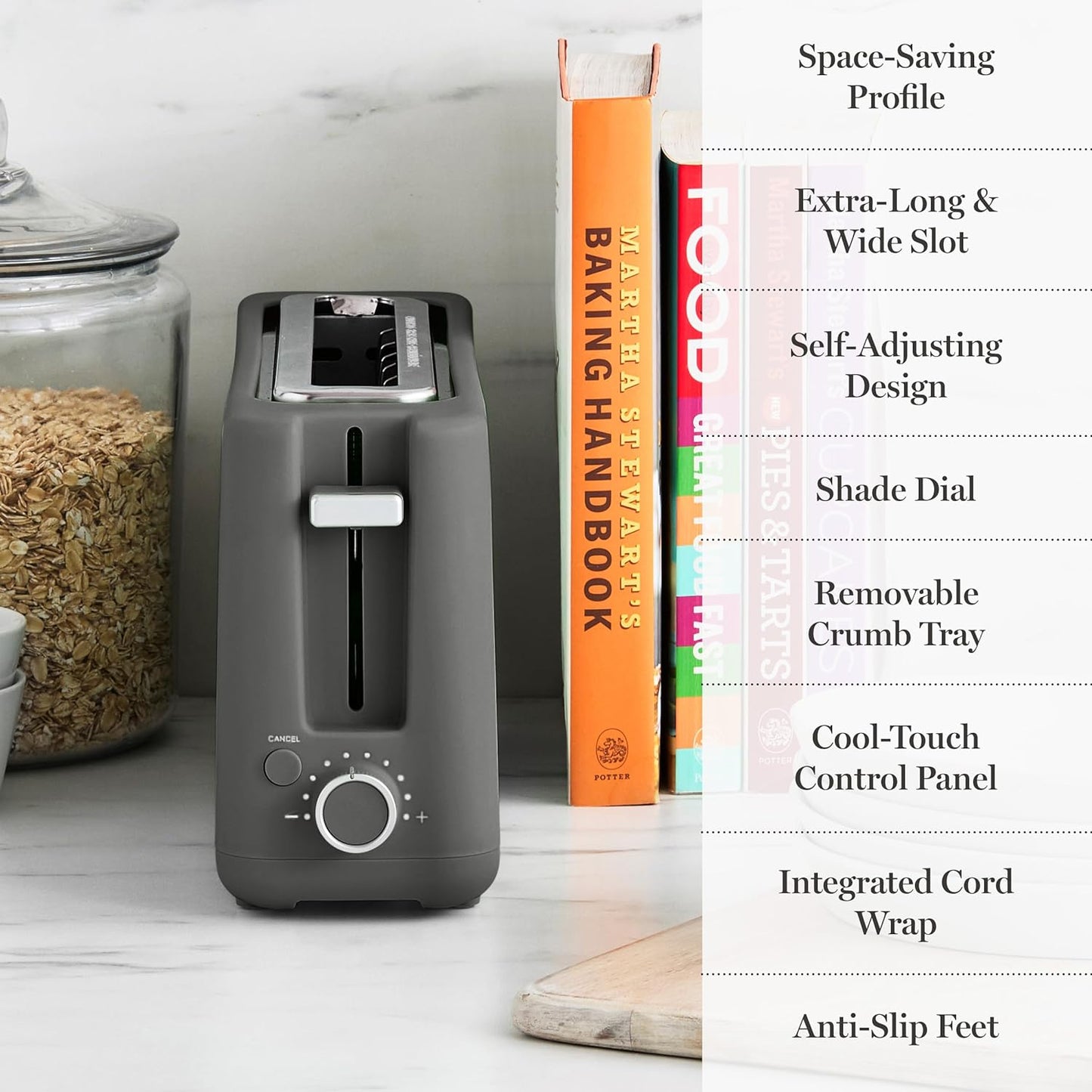 Martha Stewart 2-Slice Long Slot Toaster - Extra Wide for Sourdough & Bagels | 10 Shade Settings, Caviar