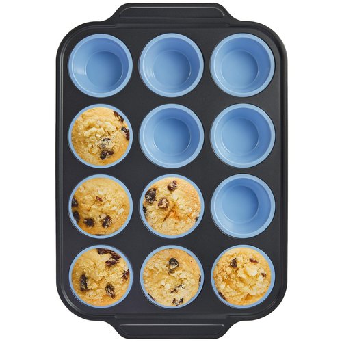 BRONYPRO Silicone Muffin Pans for Baking with Metal Frame, Egg Bite Molds, Cupcake Pans 12 Regular Size, Muffin Tins Easy to Pop Nonstick Non Toxic Bakeware for Oven,Blue