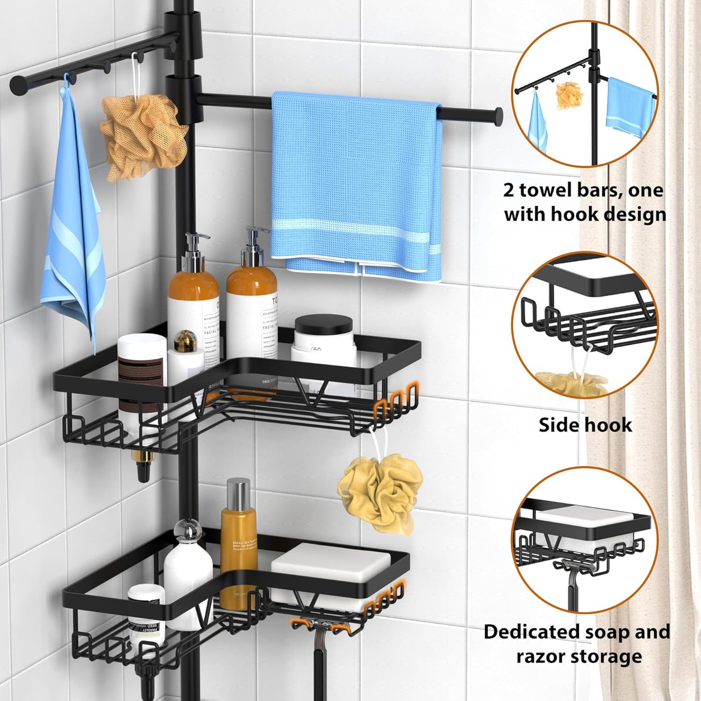 KEGII Adjustable Black Shower Caddy Tension Pole - Rustproof Bathroom Organizer with 2 Towel Bars | 25–114.2 Inch