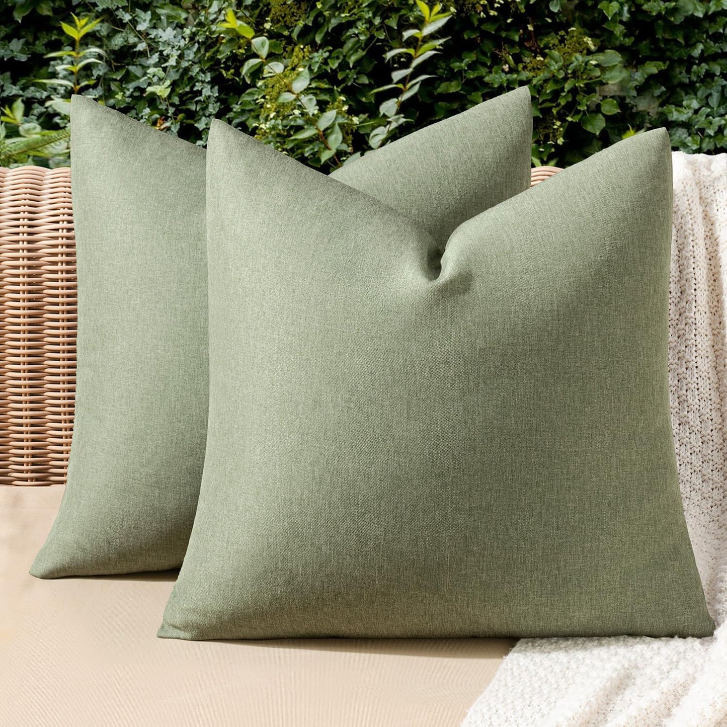 MIULEE Decorative Outdoor Throw Pillow Covers - Waterproof Faux Linen Cushion Cases | 20x20 Inch Gray Green (Pack of 2)