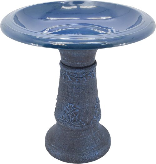 Arcadia Garden Products Fiberclay Bird Bath - Antique Vintage Design, Weather Resistant, 20-Inch Tall, Blue