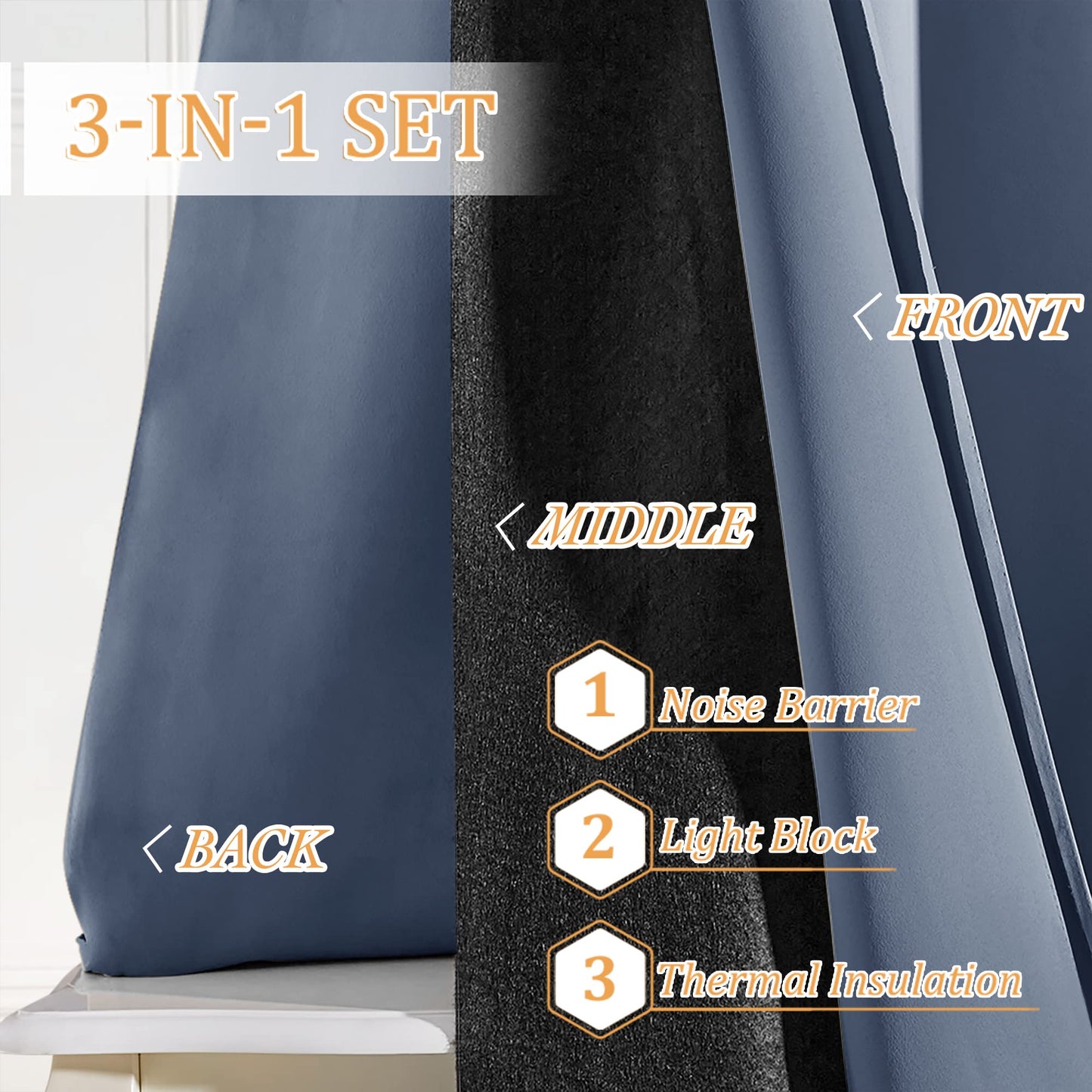 RYB HOME 3-in-1 Soundproof - Blackout - Thermal Insulated Living Room Curtains, Inside Detachable Felt Liner for Noise Reduce/Draft Block/Totally Room Darkening, Stone Blue, W52 x L63 in, 1 Pair