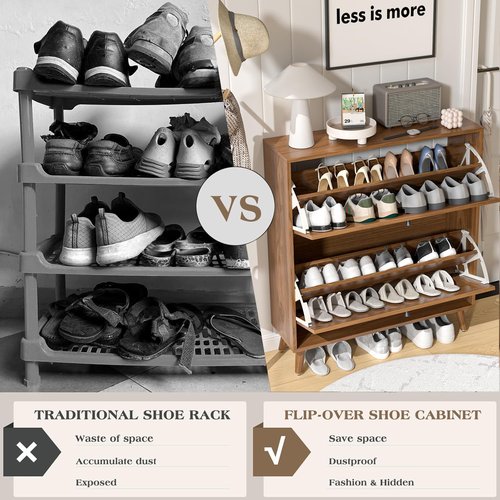 Fsbecl Shoe Storage Cabinet - Narrow Wood Organizer with 2 Flip Drawers | Stylish Walnut Finish for Entryway