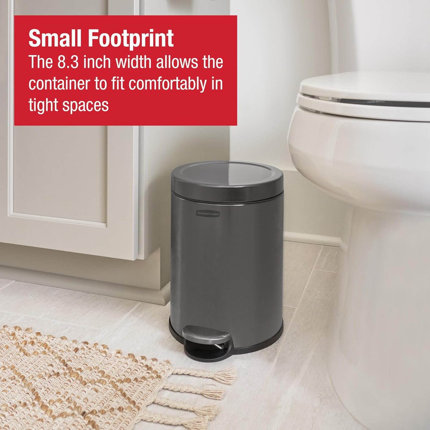 Rubbermaid Stainless Steel Round Step-On Trash Can - 1.6 Gallon Charcoal Wastebasket with Lid for Home & Office