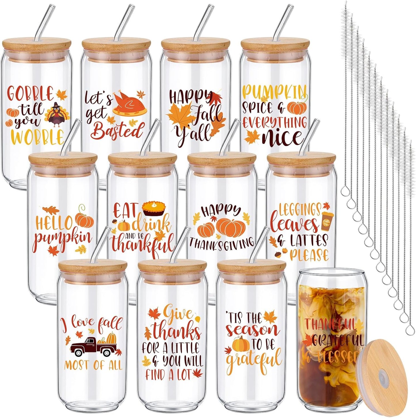 Tioncy 12 Pcs Positive Thank You Gifts for Women Appreciation Teacher Nurse Christian Religous Gifts 16oz Glass Cup with Bamboo Lids Straws Coffee Drinking Jars for Coworker