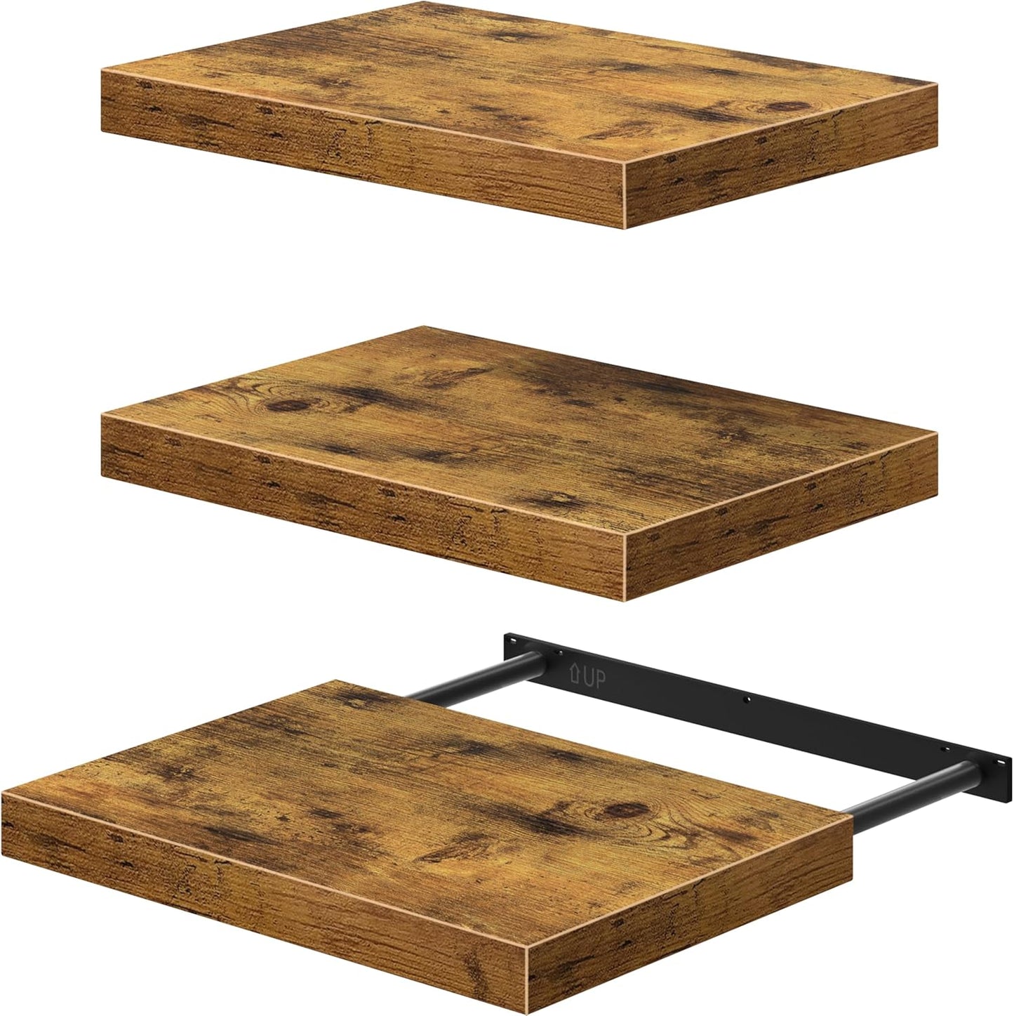 QEEIG 10" Deep Floating Shelves - Rustic Brown Set of 3 for Bathroom, Bedroom & Living Room
