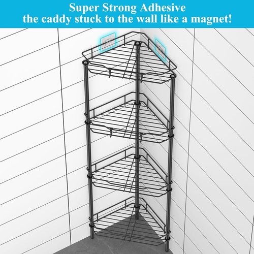 HuggieGems Corner Shower Caddy Organizer - 4 Tier Floor Standing Shelf with Hooks, Black Finish
