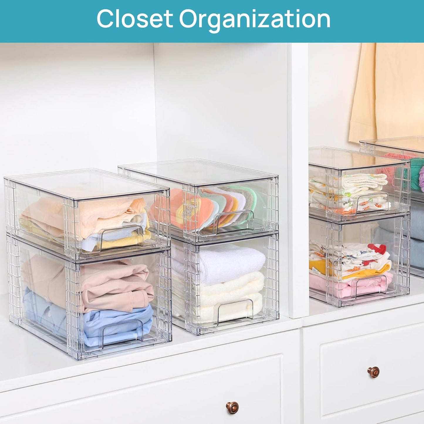 Vtopmart 4 Pack Large Stackable Storage Drawers - Easy Assembly Acrylic Organizers for Bathroom & Kitchen