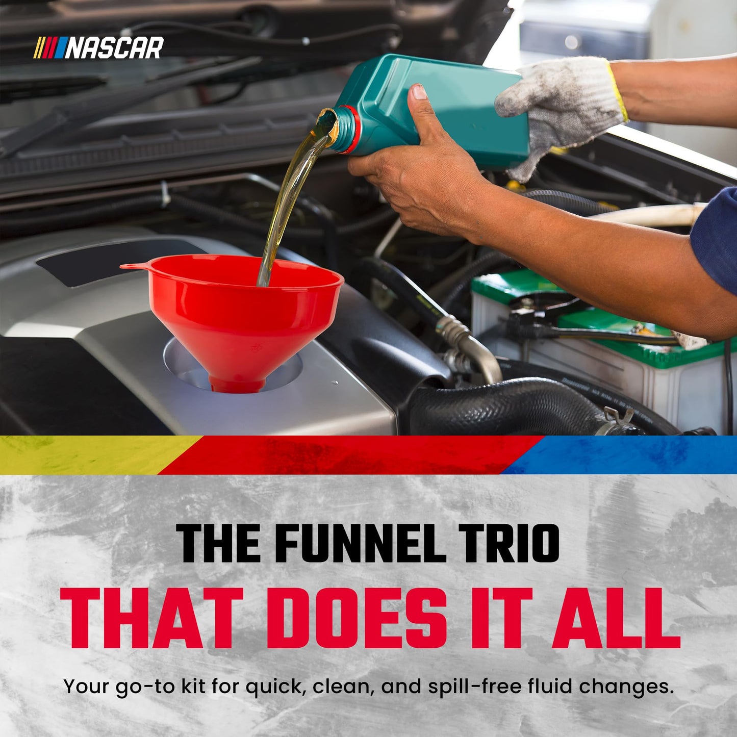 NASCAR Automotive Funnel Set – Oil, Gas & Fluid Funnels for Cars & Trucks | Durable, Lightweight, & Versatile | Includes 3 Sizes: Small, Medium, Large | Multi-Purpose Use for Oil Changes, Fuel, & More