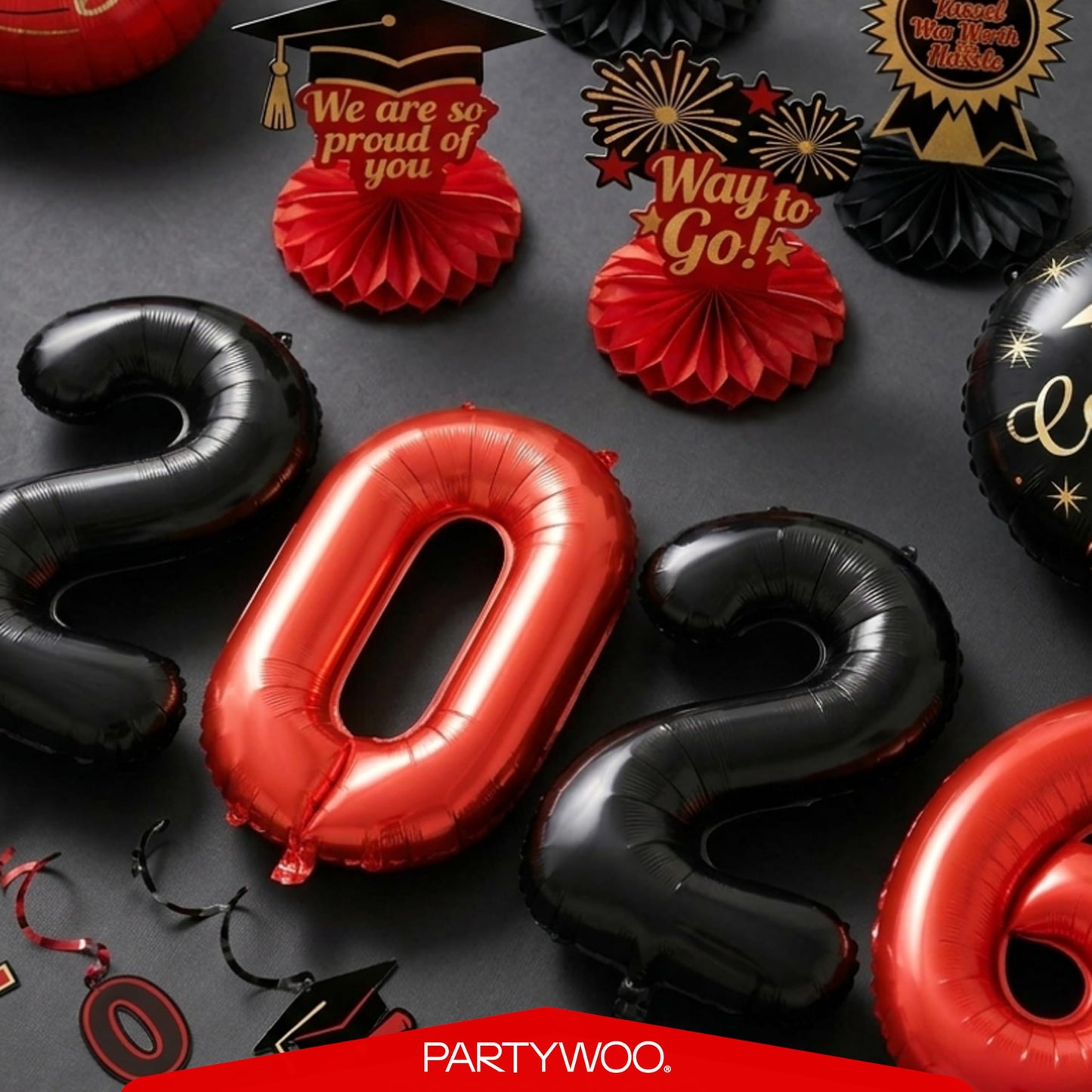 PartyWoo Graduation Balloons Class of 2026 Black Red Gold 12pcs Balloons 40 Inch 2026 Foil Number Balloons 18 Inch Congrats Grad Mylar Balloons for Black Red Graduation Decorations Party Supplies