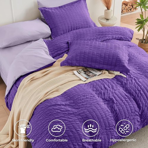 HYMOKEGE California King Comforter Set - Dark Purple & Lavender Seersucker | 7-Piece All-Season Luxury Bedding Set
