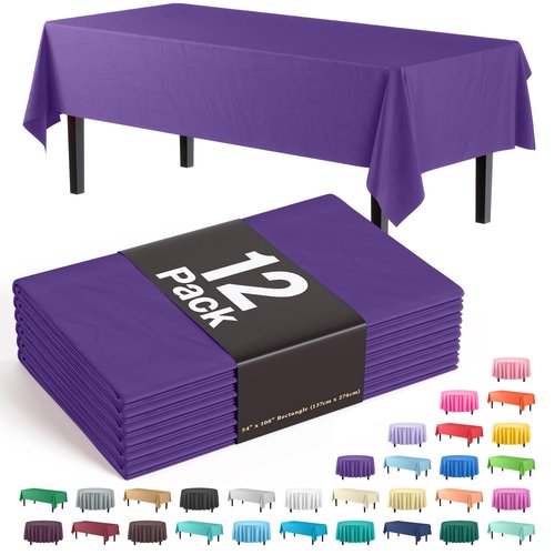Exquisite 12-Pack Premium Plastic Tablecloth Pack of 12 Premium Plastic Tablecloth 54 Inch x 108 Inch Rectangle Table Cover - Purple