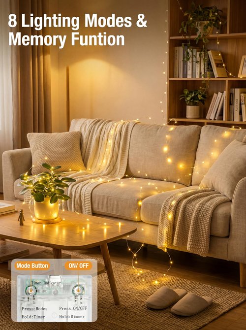 btfarm 4 Pack Fairy Lights Battery Operated with Timer, 16FT 50LED Twinkle String Lights Battery Powered 8 Modes Dimmable, Wire Mini Light Waterproof for Indoor Bedroom Wedding Christmas, Warm White