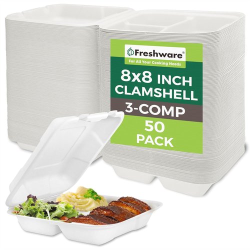 Freshware Compostable Clamshell Food Containers [8x8"] 3-Compartment 50-Pack, Disposable Containers, Biodegradable Sugarcane To Go Boxes - Paper Food Containers - Microwave & Freezer Safe, Stackable