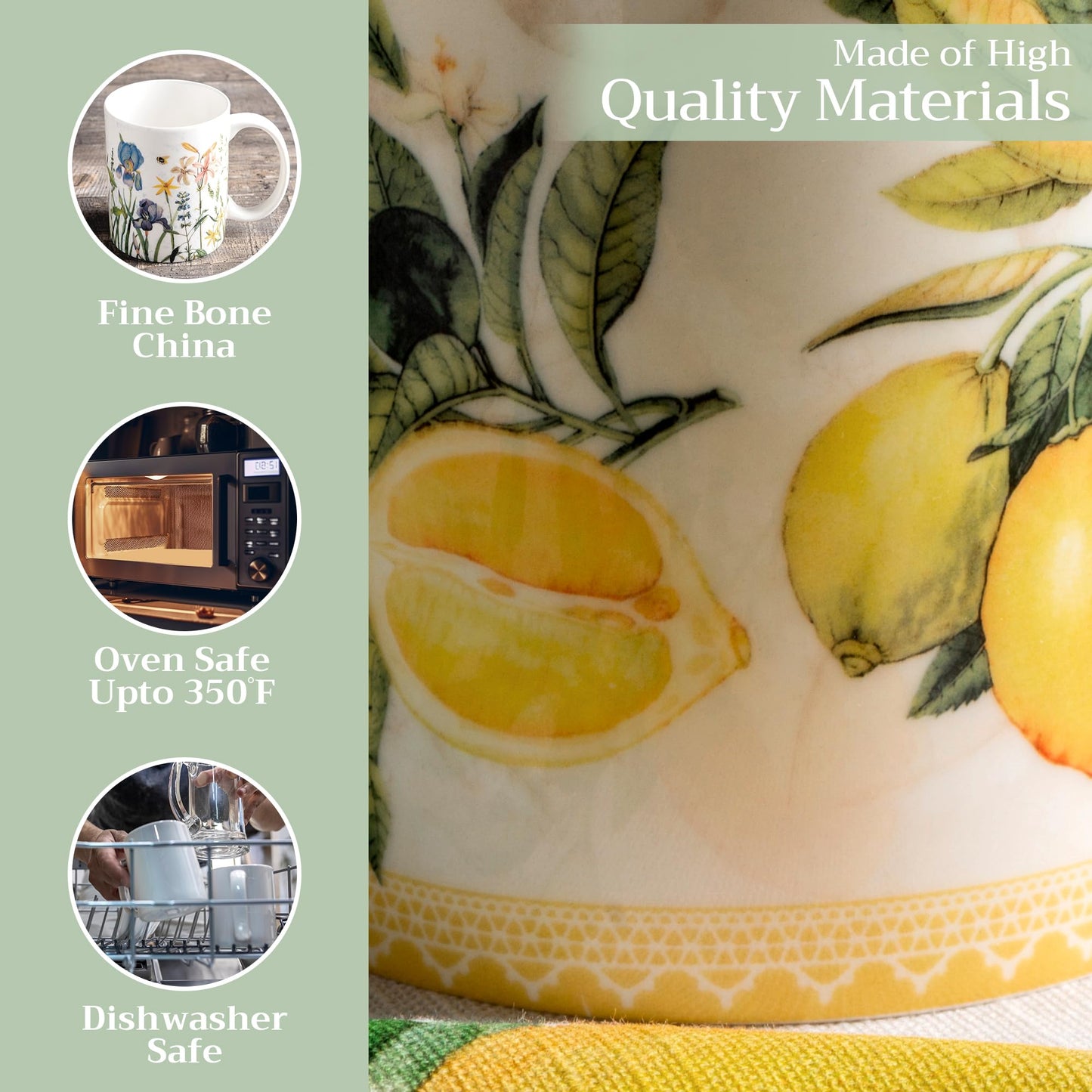 Maison d' Hermine Coffee Mug with Handle Fine Bone China Mugs Pack of One Tea Cups for Hot Beverages Cappuccino Latte Home Restaurant Office Gifts for Mothers day (Limoncello - Verna, 12 Ounce)