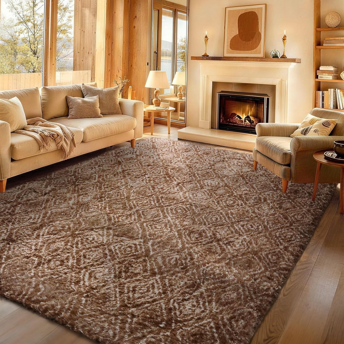 Ophanie Brown & White Diamond Striped Rug - Fluffy Shag 9x12 Soft Carpet for Living Room & Bedroom Decor