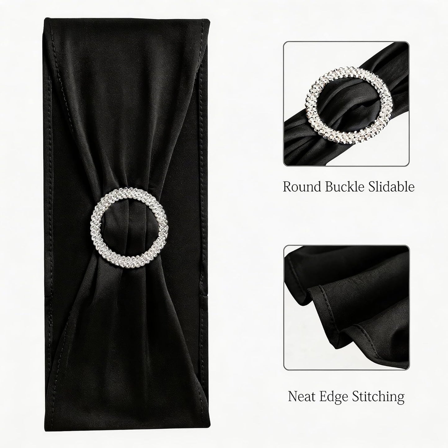 Skiennix 50 Pack Black Spandex Chair Sashes - Elegant Buckles for Weddings & Events | Versatile Decorations