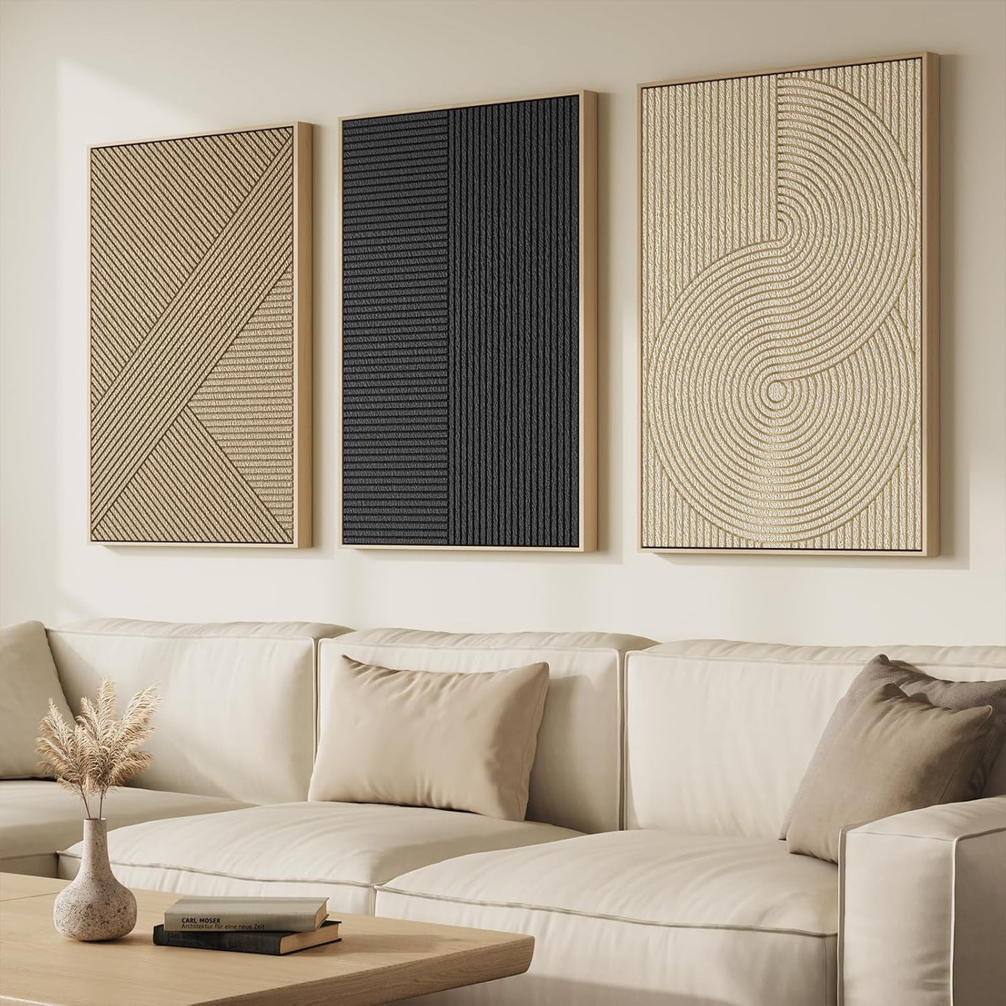Skiennix 3D Textured Boho Abstract Wall Art - Large 3 Piece Modern Neutral Minimalist Prints | Black & Beige Geometric Design | 24x36 In