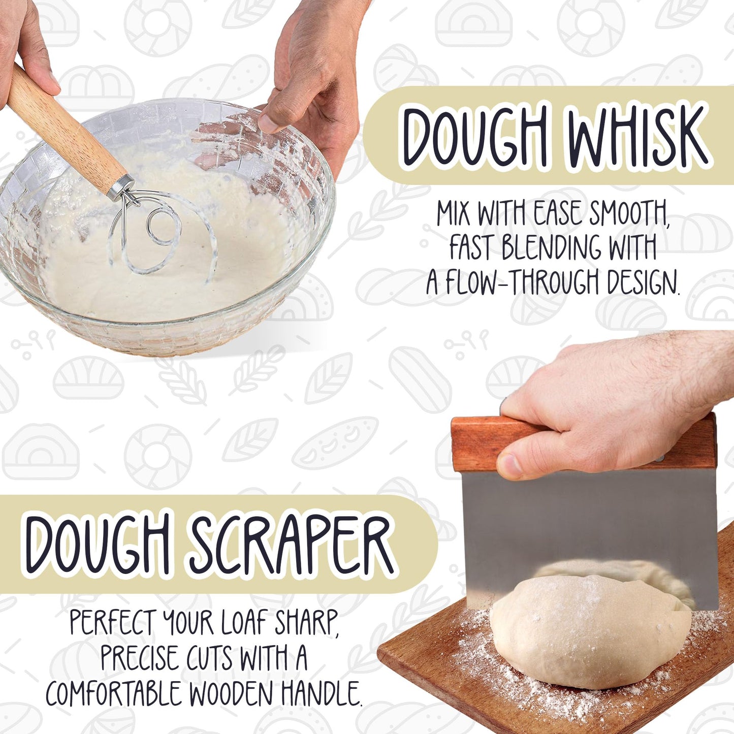 Sourdough Bread Baking Kit Full (15 Piece), Includes 34oz Sourdough Starter Jar, 2 Natural Rattan Proofing Baskets, Pastry Mat, Bread Sling, Dough Whisk, Scrapers, Lame, Perfect Tools for Bakers