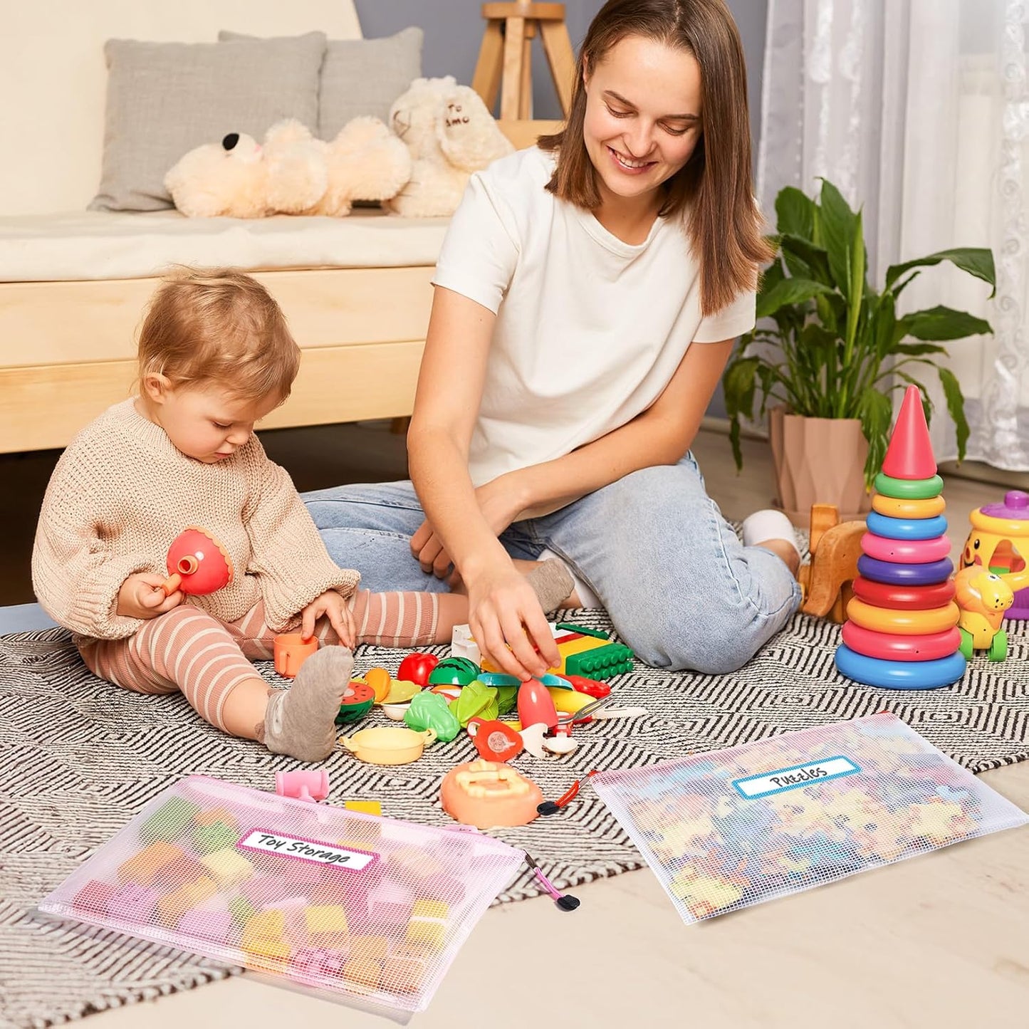 Sooez 24 Pack Mesh Zipper Pouches - Durable A4 Storage Bags with Sticky Labels for Organizing Toys & Games