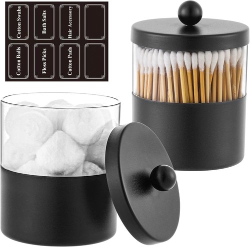 Gaussra Black Apothecary Jars | Stylish Stainless Steel Qtip Holder - Farmhouse Decor (2-Pack)