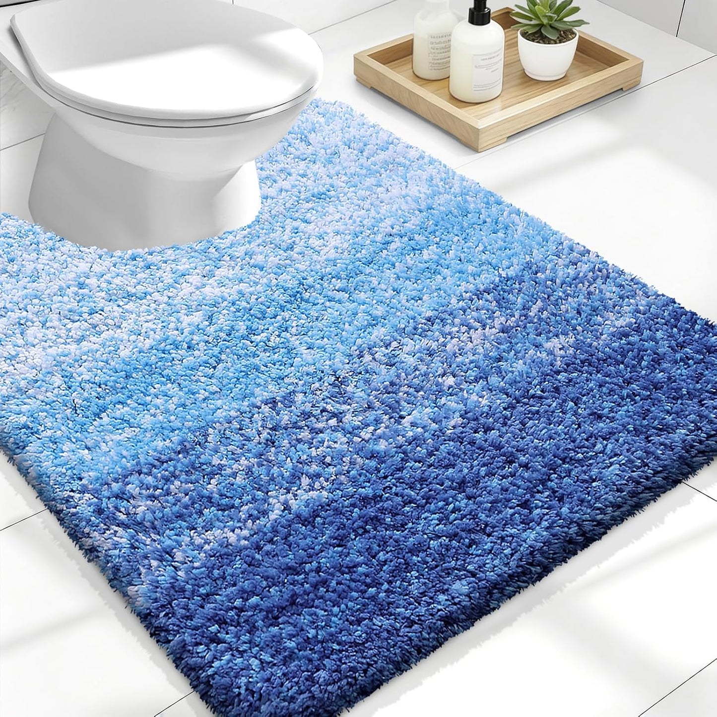 OLANLY Luxury Toilet Rugs - Extra Soft Microfiber U-Shaped Bath Mat 24x20 | Non-Slip, Machine Washable, Light Royal Blue