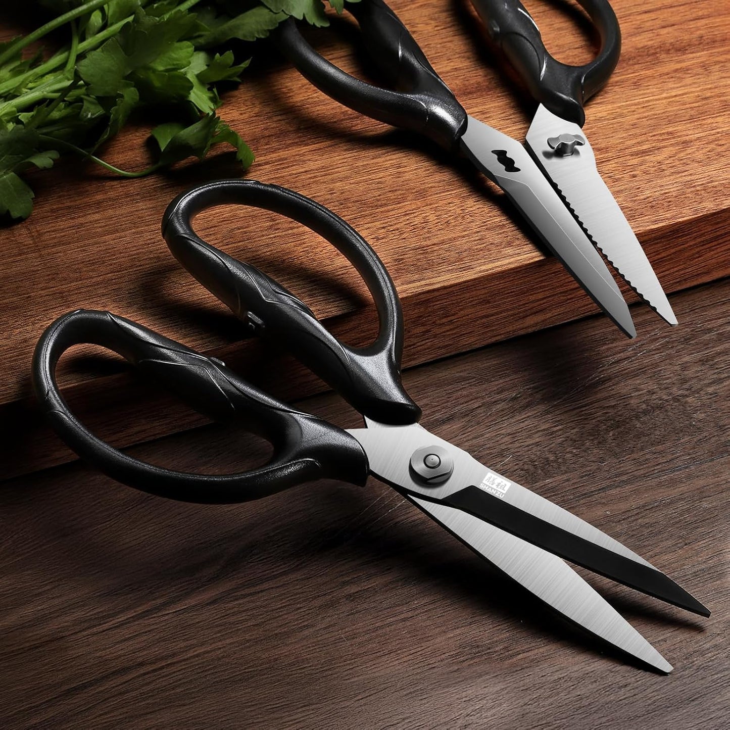 SHAN ZU Kitchen Scissors | 8.4" Heavy Duty Titanium Shears - Detachable, Dishwasher Safe, Black Finish