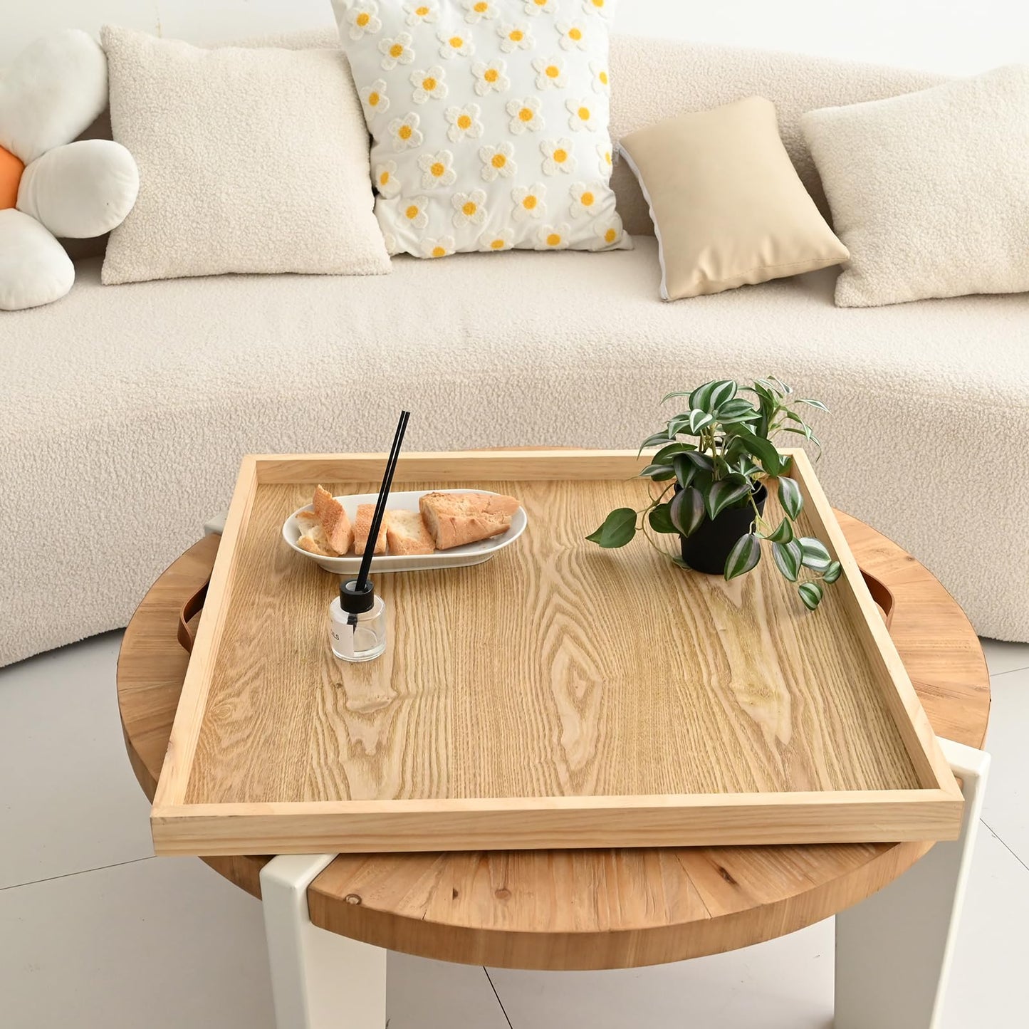 SwallowLiving 24 x 24 Inches Extra Large Square Wood Ottoman Tray with Leather Handles, Wooden Natural
