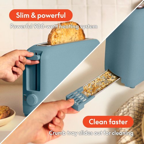 Bella 2 Slice Slim Toaster - 6 Setting Shade Control & Reheat Function - 10” Long Slot, Surf Color