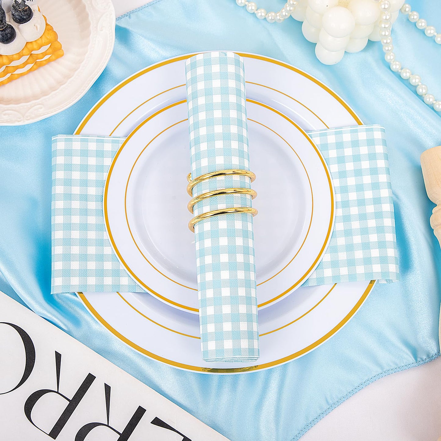 WDF 150Pack Baby Blue Paper Checkered Napkins - 3 Ply Disposable Blue and White Gingham Napkins Guest Dinner Napkins Paper for Bathroom/Picnic/BBQ/Birthday/Wedding