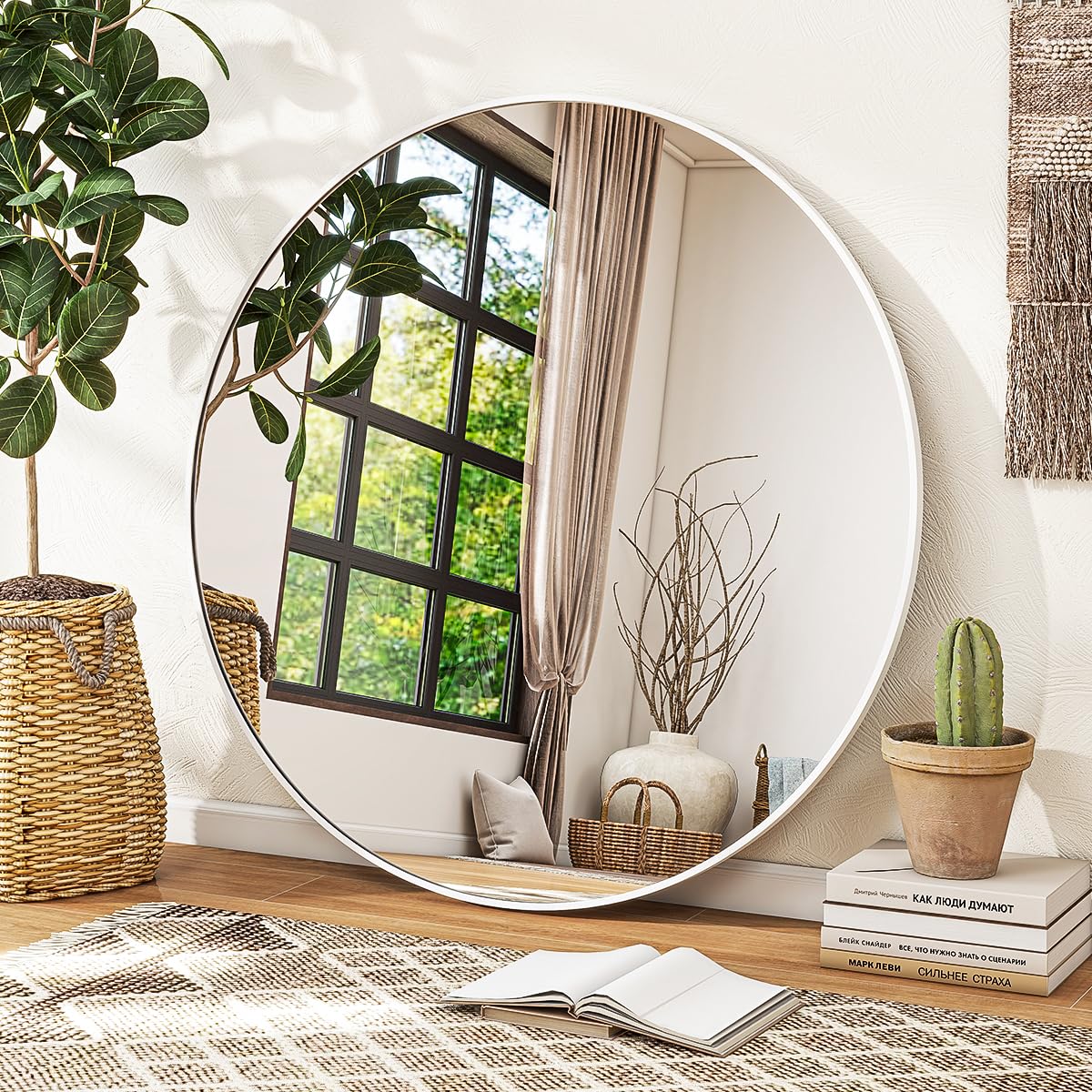 VETROVUE White Round Mirror, 30 Inch Bathroom Mirror with Metal Frame, Wall Wall-Mounted for Entryway, Bathroom, Vanity, Living Room