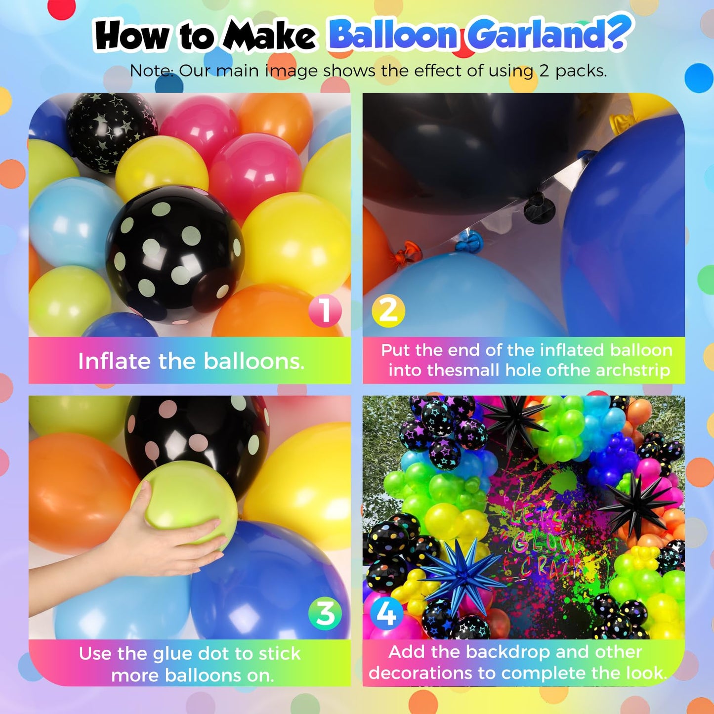 PTGOLUO 185Pcs Neon Balloons Arch Garland Kit with Glow in the Dark Balloons, Neon Balloons Arch Kit for Back to 80s 90s DISCO Birthday Party Decorations, Let's Glow Party, Rock Roll Party Supplies