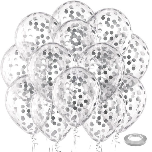 Bezente Silver Confetti Latex Party Balloons - 60 Pack 12 inch Helium Silver Confetti Glitter Balloons for Wedding Graduation Bridal Shower Birthday Engagement Party Decorations
