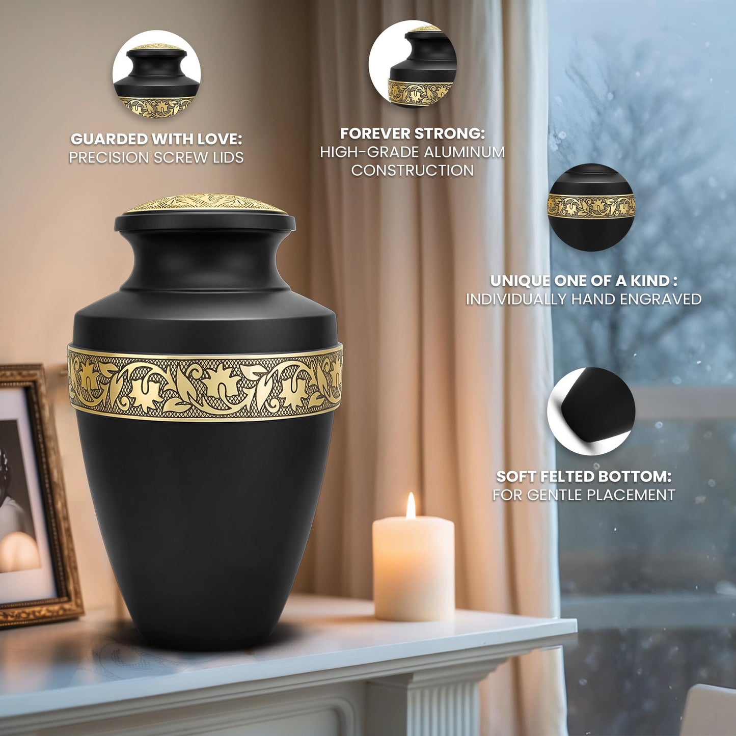 Set of 6 Black & Gold Decorative Cremation Urns for Ashes Adult Male & Female Includes 1 Large Black Urn with 4 Small Keepsakes & 1 NecklaceUrn for Human Ashes