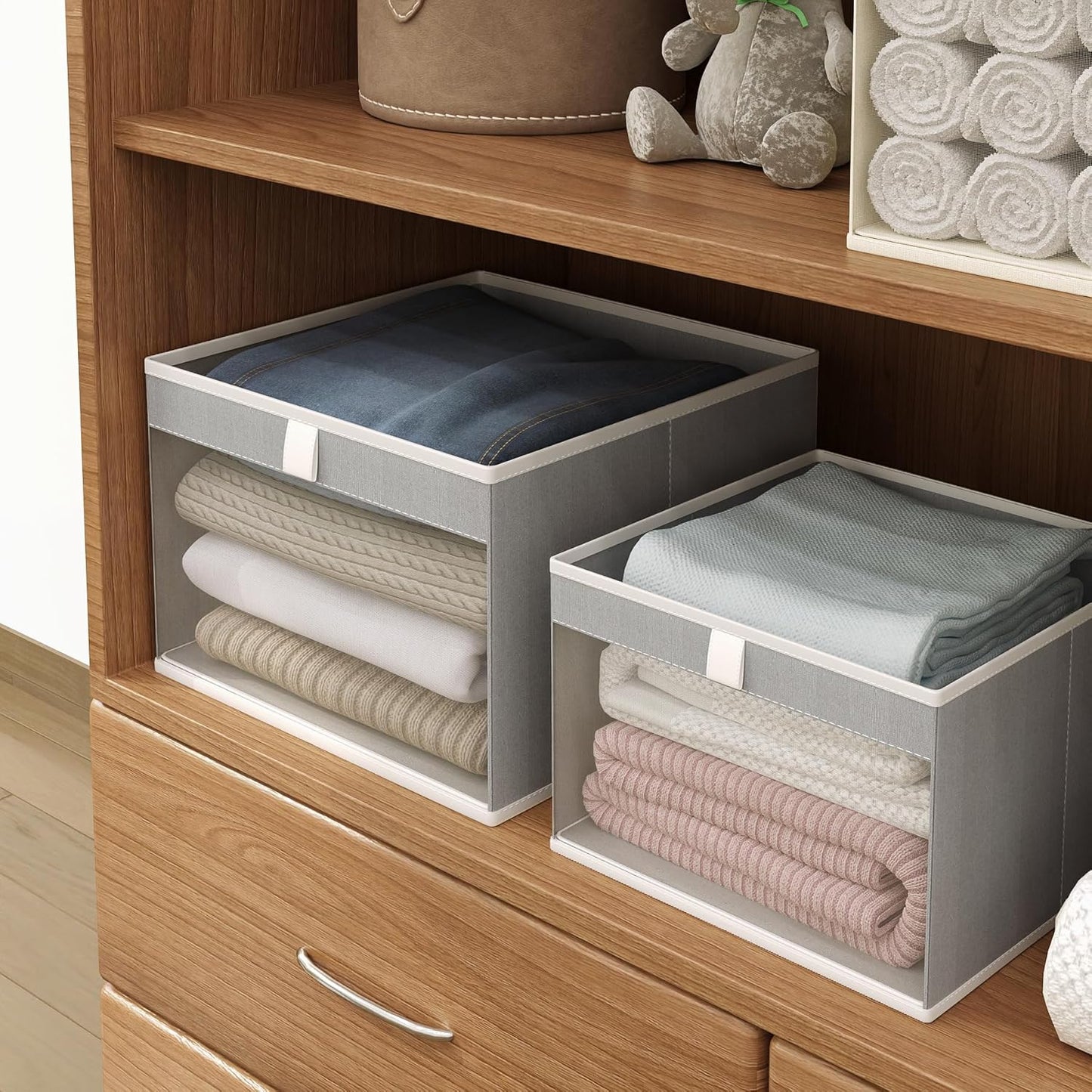 Linen Closet Organizers by [Brand Name] - Foldable Storage Bins with Mesh Window | 4-Pack Gray Baskets (12.75" x 12.75" x 9")
