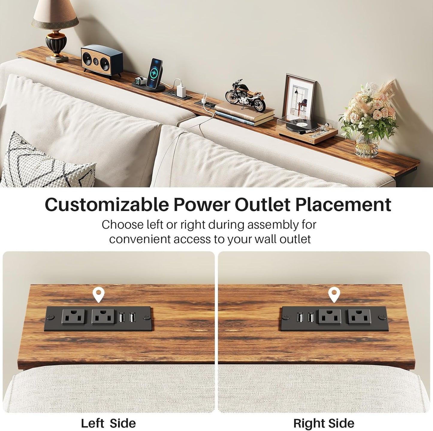 Kitstorack Narrow Console Table - Adjustable Height (25"-33") with 2 Power Outlets | Rustic Brown, 78.8" Long x 5.9" Wide