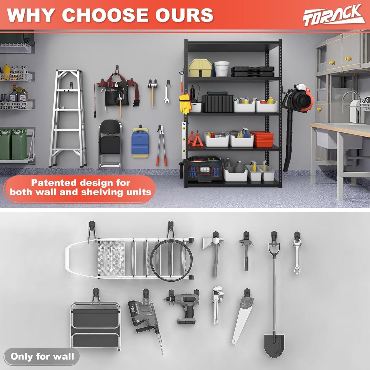 TORACK Garage Storage System Hooks - 15 PCS Wall-Mount Utility Hooks for Tools, Ladders & More (Black)