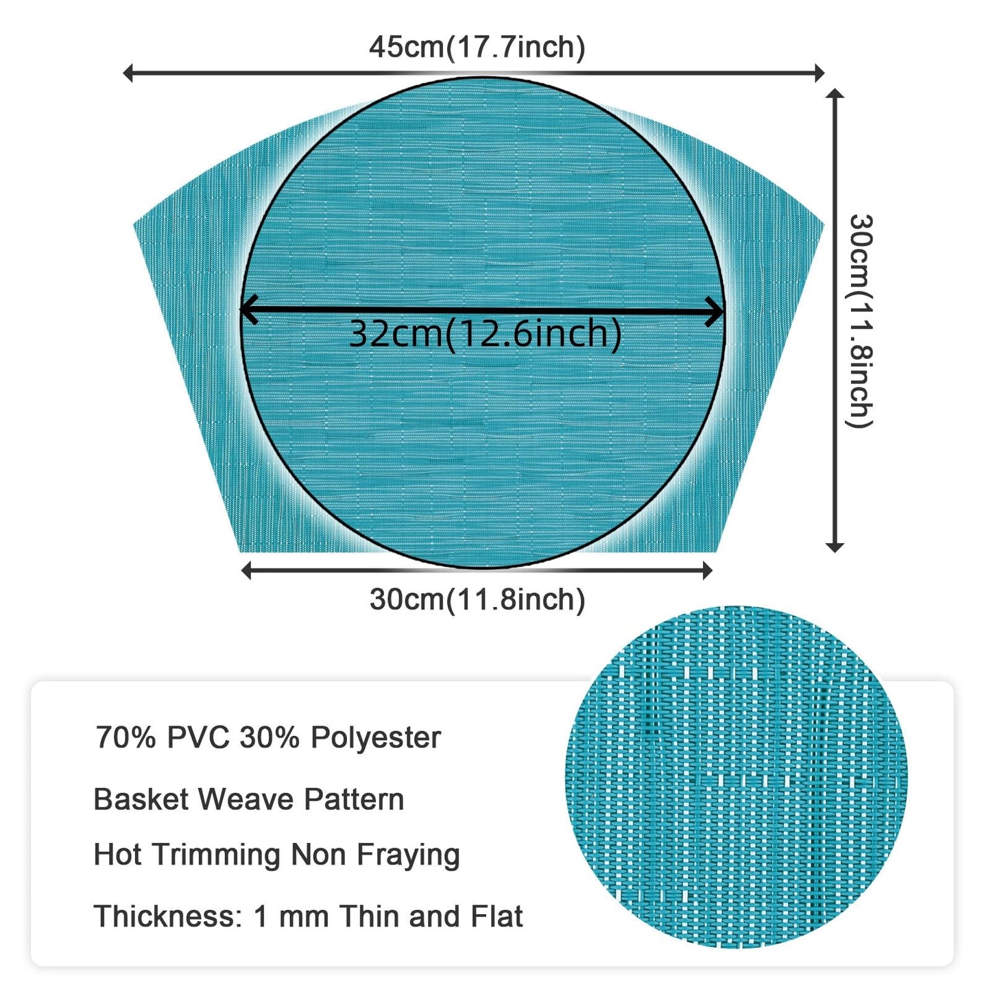 SHACOS Round Table Placemats Set of 7 Woven Vinyl Wedge Placemats with Centerpiece Heat Resistant Table Mats Wipe Clean (7, Teal Blue)