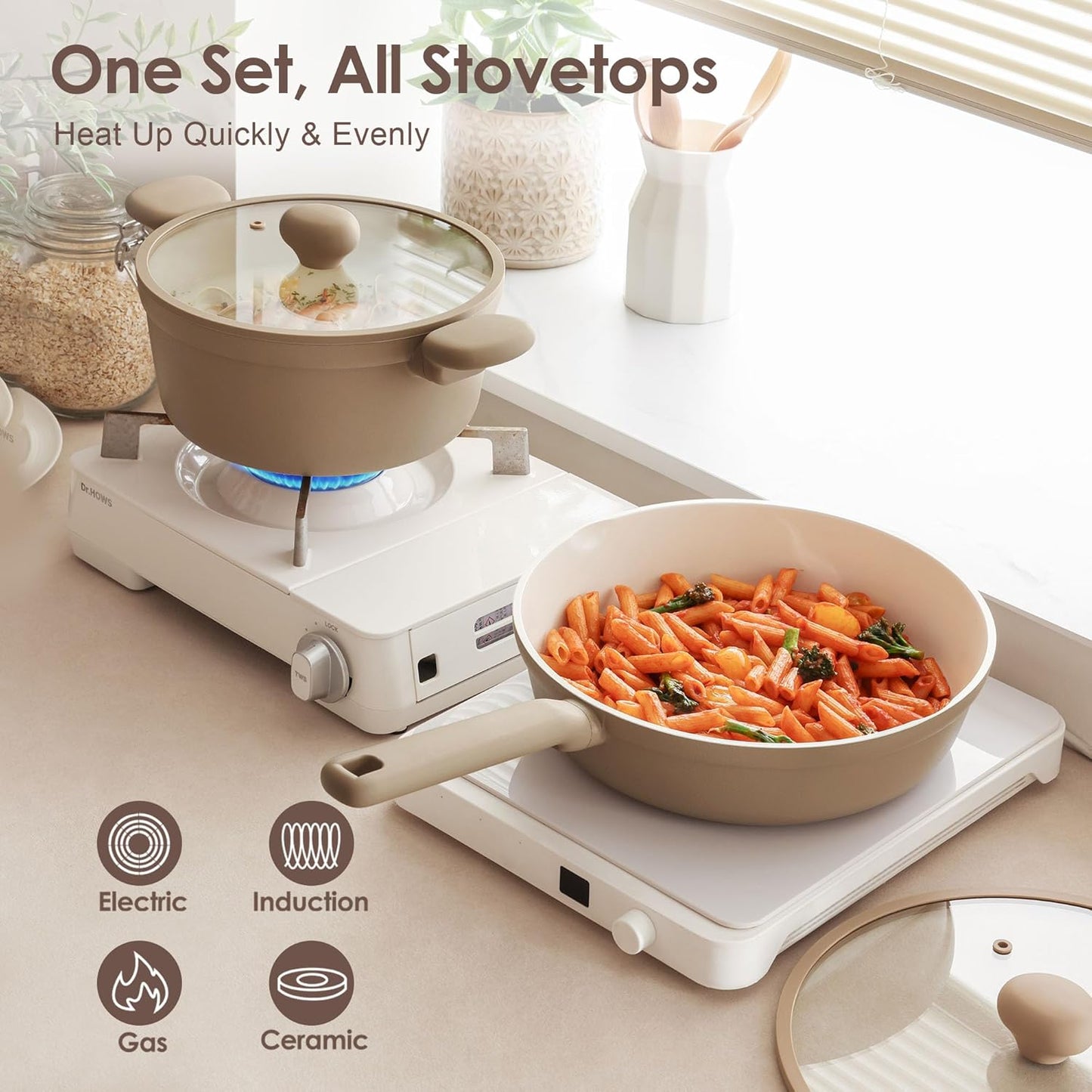 SENSARTE Ceramic Nonstick Cookware Set - 17-Piece Induction Kitchen Set | Healthy & Nontoxic, Taupe