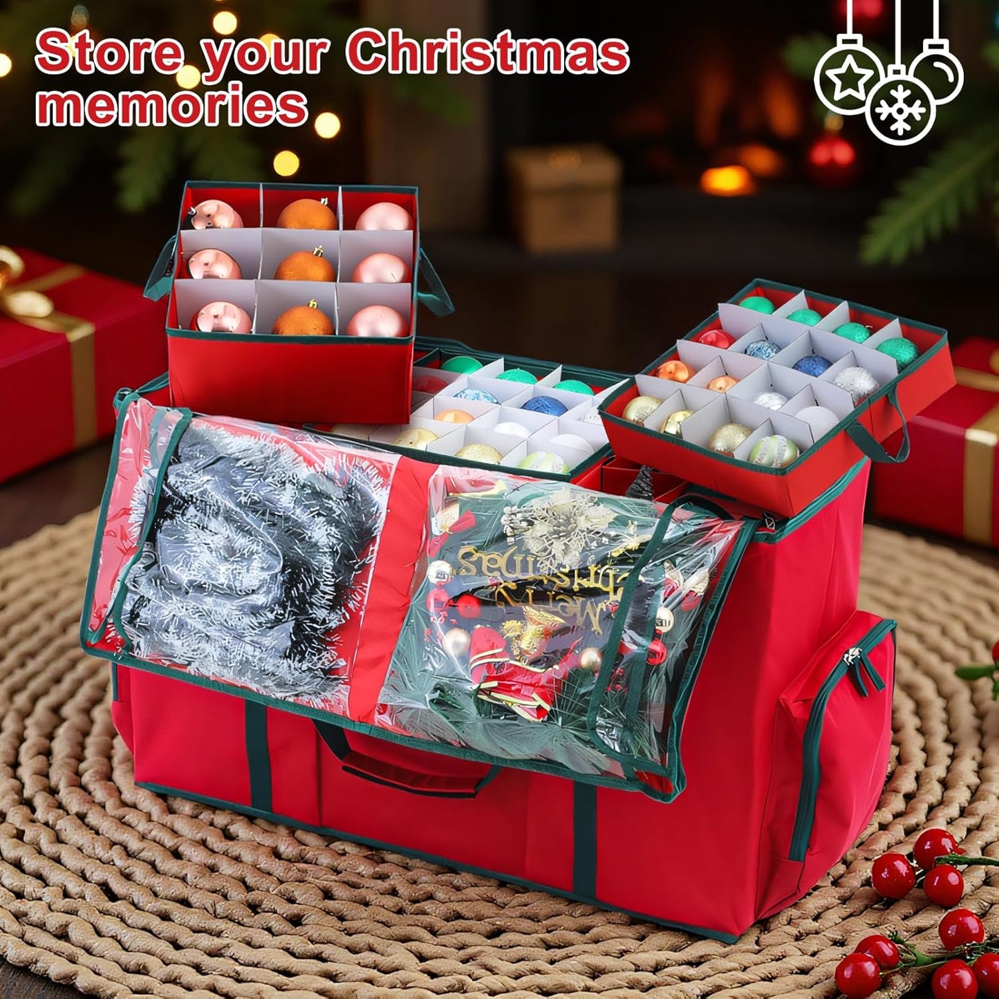 Skiennix 2-In-1 Christmas Ornament Organizer Box - Holds 73 Holiday Ornaments, Adjustable Space & Pockets for Figurines