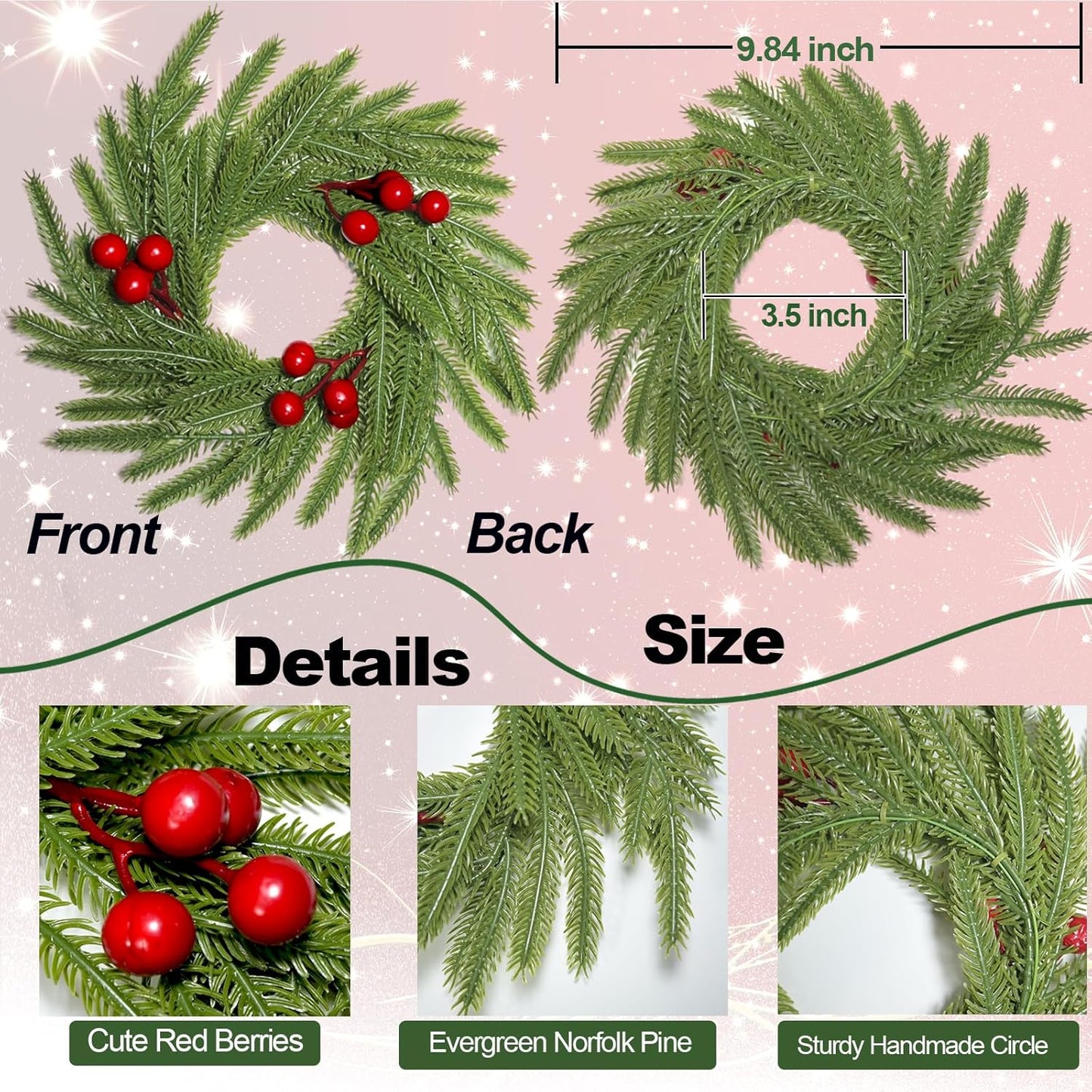 Regine Switzerland Christmas Candle Rings - 3Pcs Norfolk Pine & Red Berry Mini Wreaths | Festive Table Decor