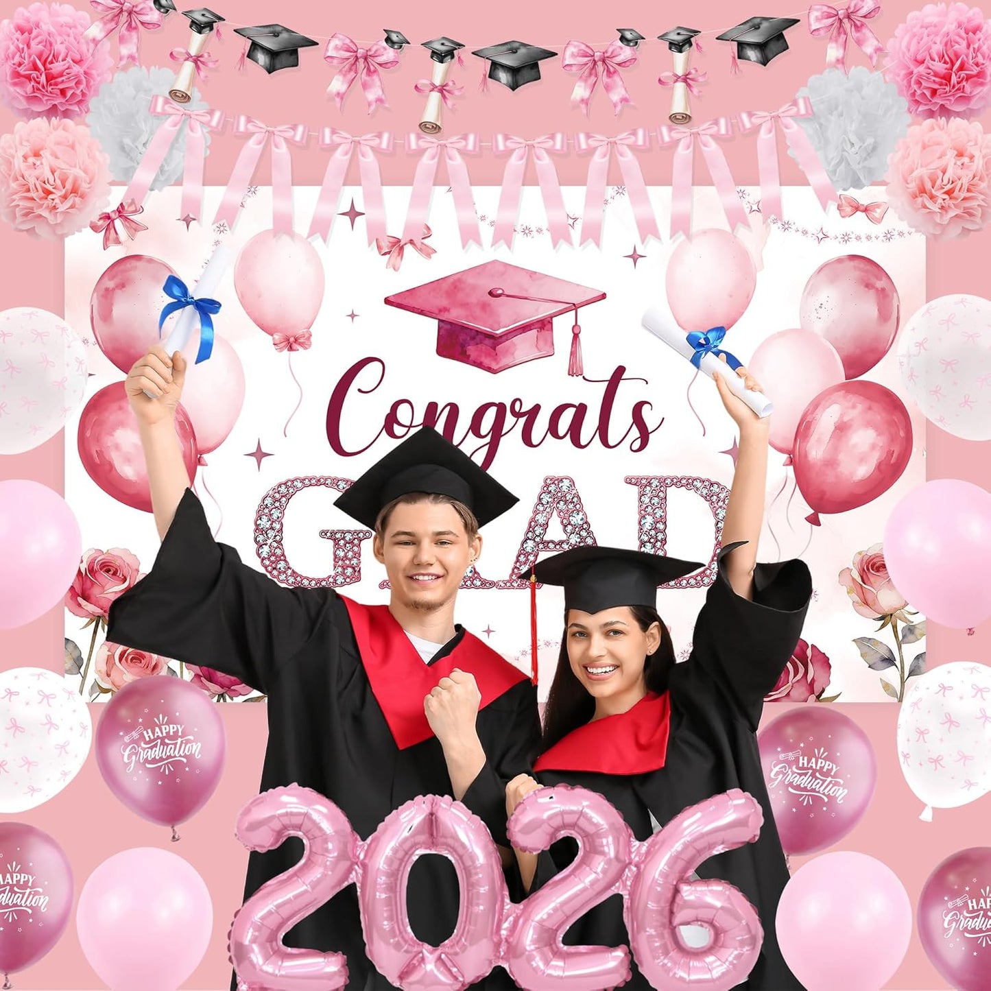 Regine Switzerland Pink Bow Graduation Party Decorations - 22PCS Banner & Balloon Set for 2026 Grads