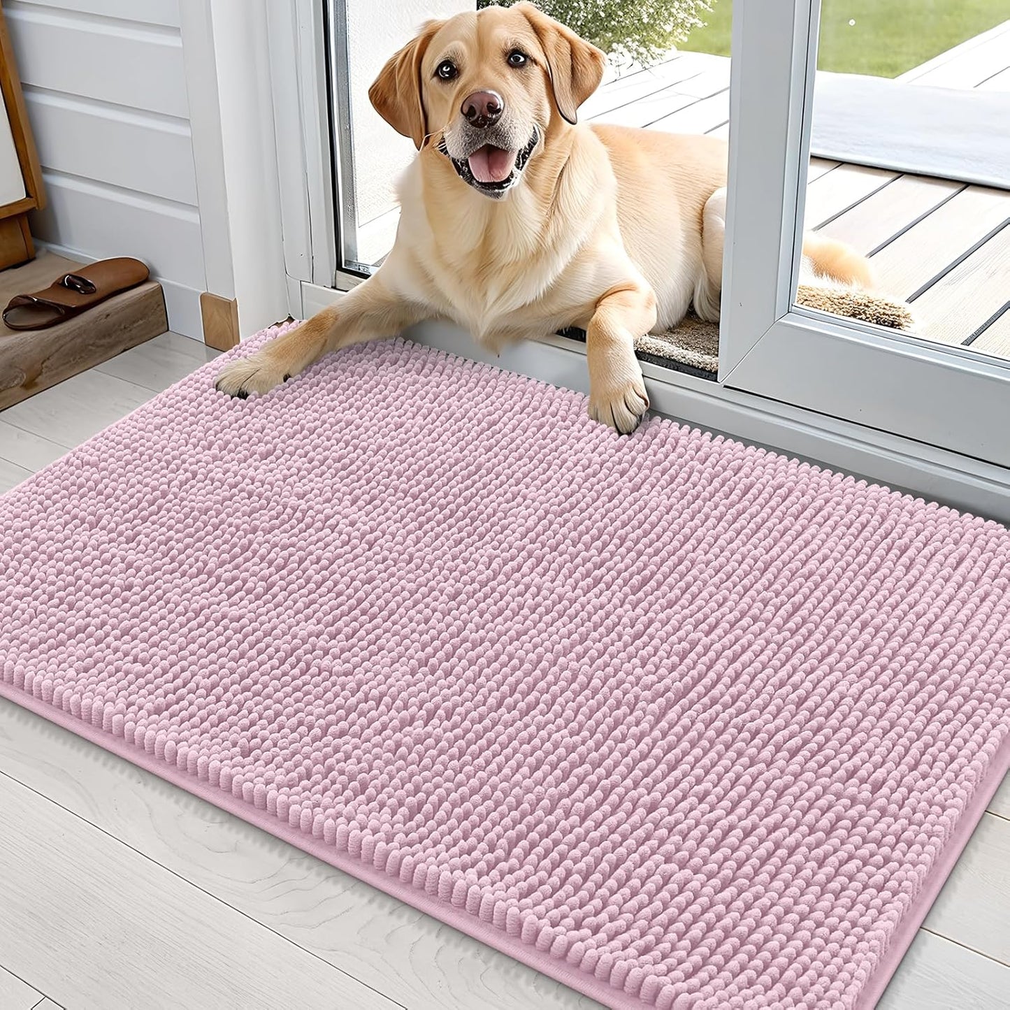 OLANLY Dog Door Mat - Absorbent Non-Slip Chenille Mat for Muddy Paws | 35x24, Quick Dry, Dusty Rose